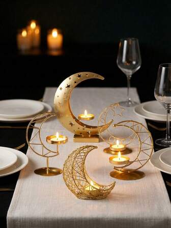 1pc Metal Iron Candle Holder Decor, Modern European Style Candle Holder For Wedding Party, Dining Table Home Decoration, Decoration Props, Star, Moon, Lantern Shaped, Birthday Graduation Gift, Holiday Gift