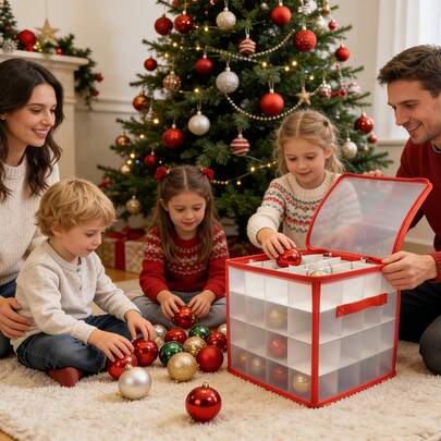 [Christmas Ornament Storage] 4-Tier Christmas Ornament Storage Box With Dividers And Handle, Holds Up To 64 Ornaments With Diameter Less Than 3 Inches, Holiday Decoration Accessories Container, Christmas Decor Storage Box, Ornament Storage