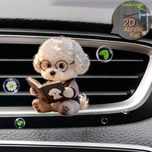 2D Flat 1 Piece: A Bichon Frise Wearing Black-Framed Glasses And Concentrating On Reading. 2D Acrylic Car Air Fresh-Keeping Decoration - Air Outlet Fresh-Keeping - "Scent Source", Equipped With Sponge Sheets, Car Scent Fresh-Keeping, Fashionable Acrylic Car Interior Decoration, Fun Shape, Car Accessories