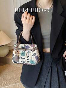 BELLEBORG 女款高級休閒撞色通勤復古帆布扣環百搭小方包手提包 - 咖啡 - 查看 5
