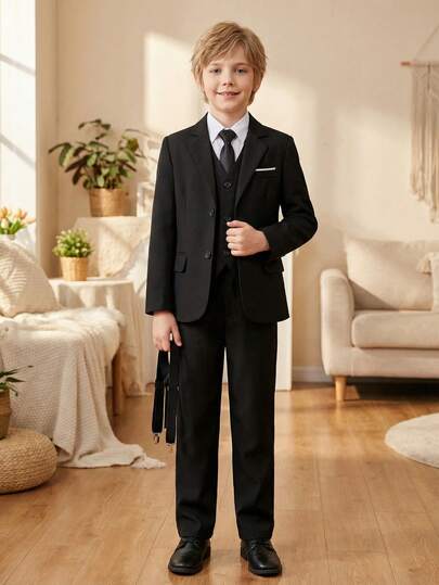 5件套男童西装套装，幼儿燕尾服正式套装，婚礼花童西装外套、裤子、衬衫、领带，正式服装，适合儿童生日、婚礼、毕业典礼、婚礼宾客、花童等场合，黑色，尺码4-16岁