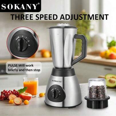  SOKANY 03012 多功能搅拌机，3档速度调节，含研磨杯，二合一设计，1.5升大容量，不锈钢面板和刀片，适合家庭使用 - 集榨汁机、碎冰机、食物处理器、研磨机、搅拌机、蔬果混合器于一体