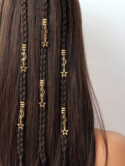 6pcs Women's Braided Hair Accessories, Hollow Star & Moon Braided Hair Clips, Fashion Hair Rings, Ramadan Gift, Braided Hair Moon Decor, Daily Wear