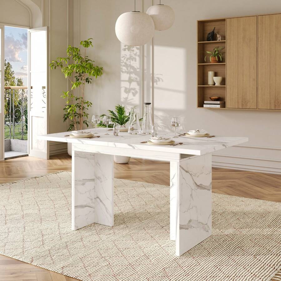 Masă extensibilă, 140/180 x 80 cm, ideală pentru 6 până la 8 persoane, formă dreptunghiulară, blat gros, stil simplu, pentru sufragerie, bucătărie sau living, marmură albă - Negru - Vizualizare 1