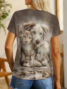 Women's Cute 3D & Dog Print T-Shirt - Short Sleeve Round Neck Top With Adorable Pet Lover Design, Cozy Casual Wear Suitable For All-Season Outfits & Everyday Outfits (Machine Washable) - Nhiều màu - Xem 2