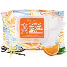 Pacifica Belleza - Toallitas desmaquillantes brillantes - Ácido glicólico, agua de, infusión de aloe - Limpieza diaria + exfoliante - Cuidado limpio de la piel - Toallas faciales de fibra vegetal - Veganas - Brillante (naranja y vainilla) - Ver 12