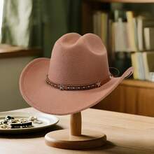 Western Style Cowgirl Cap Stylish Pentagram Leather Belt Decorated Wide Brimmed Fedora Hat For Men Women Outdoor Wear - 淺棕色 - 查看 6