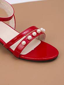 1 đôi giày khiêu vũ mũi tròn đế thấp, đính ngọc trai lấp lánh dành cho bé gái, có khóa điều chỉnh, thích hợp cho các buổi tiệc mùa hè, biểu diễn và các dịp khác. - Đỏ - Xem 6