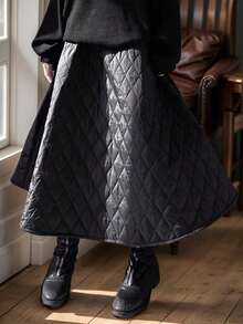 女士冬秋季 Old Money 风格绗缝毛绒涤纶 A 字型及地长裙 | 纯黑色，松紧腰身，实用口袋 | 保暖，优雅别致 | 适合日常穿着、周末出游、派对中长裙、圣诞裙、万圣节女士服装、民事婚礼裙、沙特国庆节服装 | 女士冬季休闲时尚下装 - 黑色 - 查看 10
