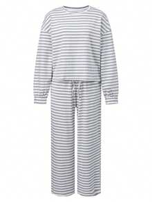 Womens Fall Striped Pants Set Loose Fit Stylish Crew Neck Long Sleeve Tops And Wide Leg Drawstring Pants 2 Pcs Set - Light Grey - View 1