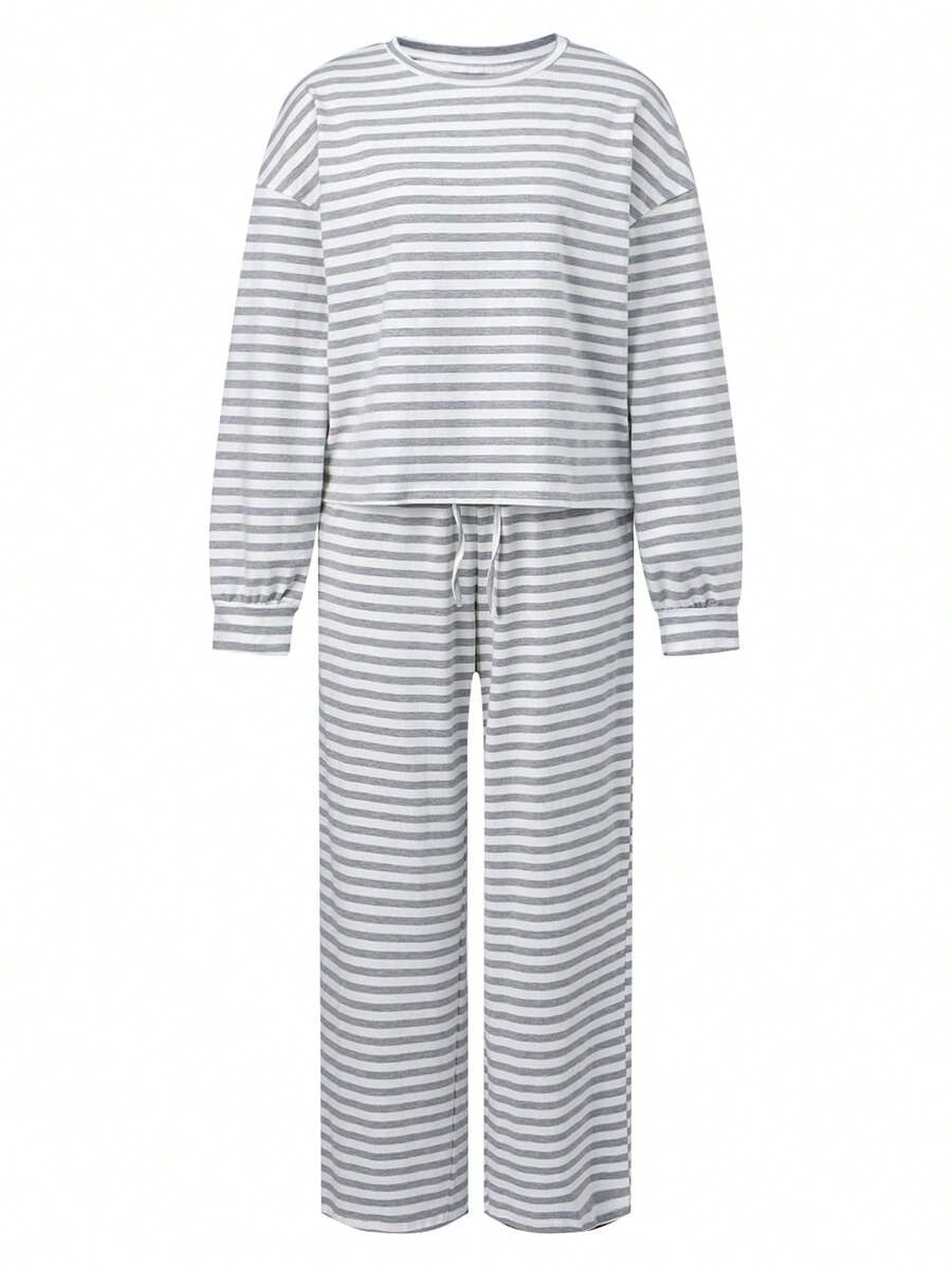 Womens Fall Striped Pants Set Loose Fit Stylish Crew Neck Long Sleeve Tops And Wide Leg Drawstring Pants 2 Pcs Set - Light Grey - View 1