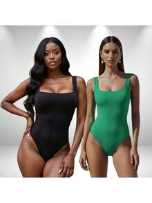 SET OF 2 Women's Square Neck Tank Top Bodysuits With Thin Straps In Spandex - BLACK aND GREEN FLAG - View 1