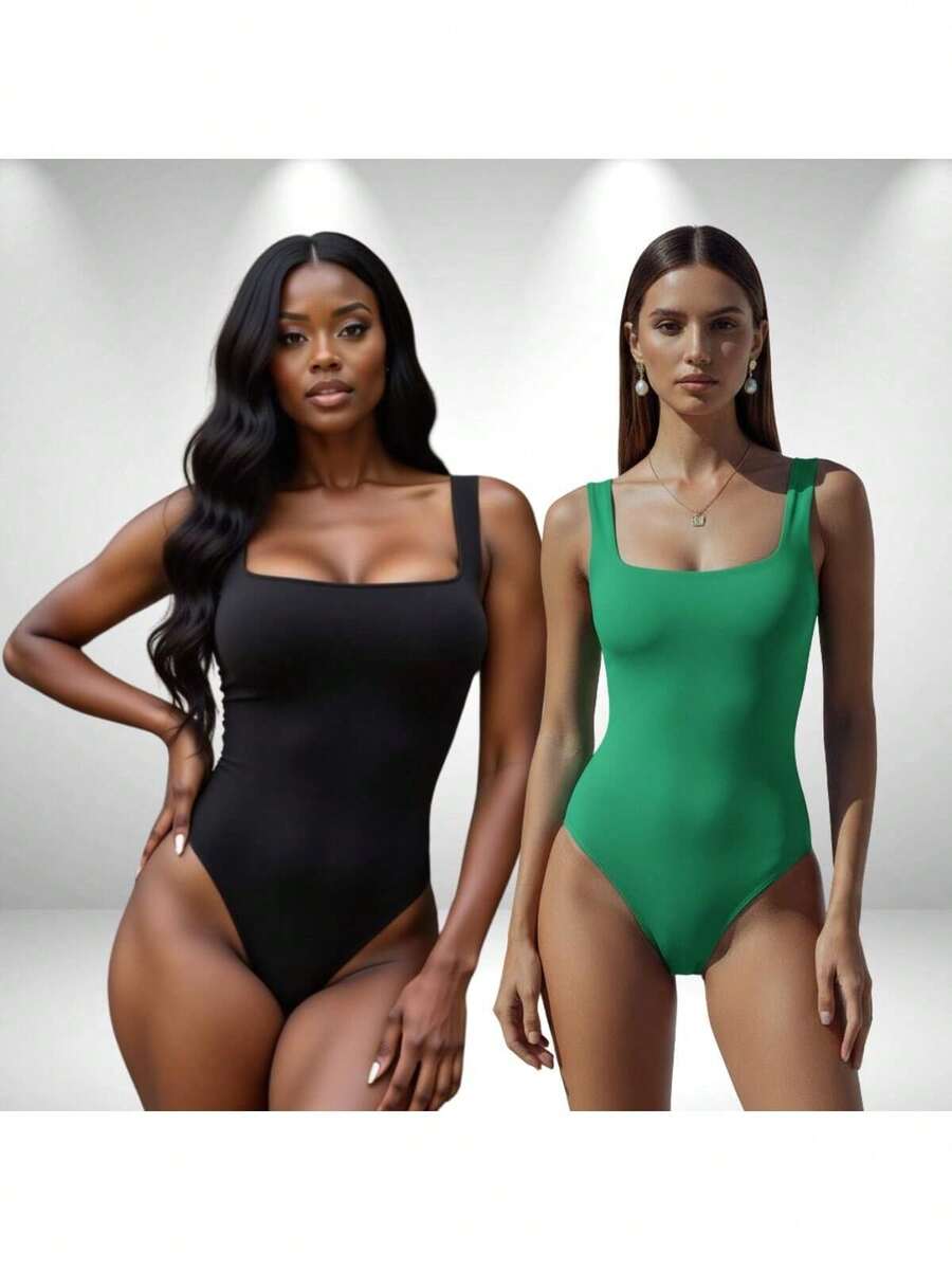 SET OF 2 Women's Square Neck Tank Top Bodysuits With Thin Straps In Spandex - BLACK aND GREEN FLAG - View 1