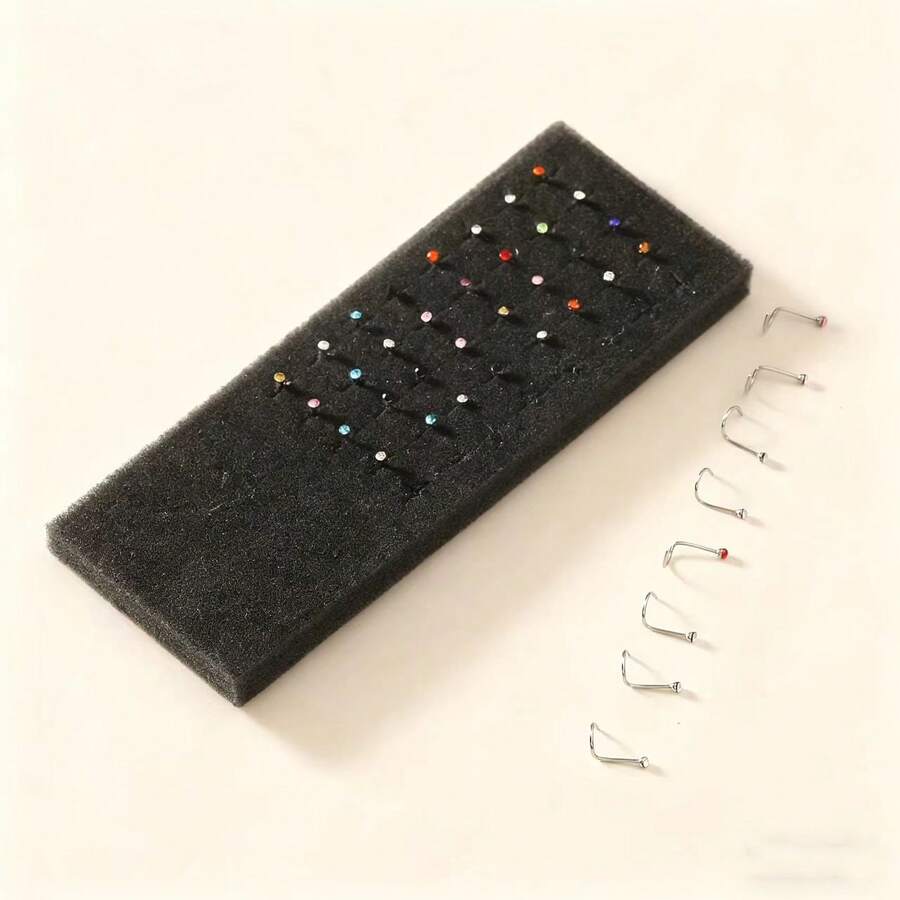 40pcs/Set Rhinestone Nose Studs, Basic & Minimalist For Everyday Wear - Color Mixing - View 1