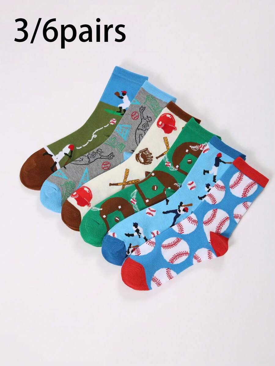 3/6 paires de chaussettes mi-mollet pour hommes avec couleurs contrastées, style baseball américain avec motif personnalisé. Chaussettes de sport. - Multicolore - Voir 1