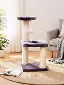 15英寸室内猫树塔，剑麻包裹的猫抓柱，带悬挂式老鼠玩具的互动式猫攀爬架，耐用猫用品 - 彩色 - 查看 2