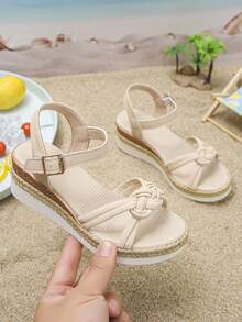 1 Pair Girls' Summer Casual Sandals, Comfortable Platform Wedge Heel, Chinese Knot Design, Open Toe, Versatile Buckle Closure Thick Sole Sandals - Apricot - View 2
