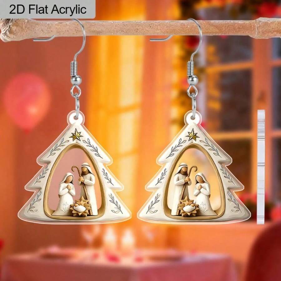 2D flat design, a pair of earrings for the Nativity scene - acrylic religious accessories, Christmas church wedding daily wearing of the Nativity cross scene - elegant female Christian accessories, 2D graphic design - Multicolor - Ver 1