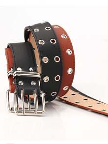 1pc Unisex Punk Style Double Hole Breathable Buckle Belt, PU Leather Belt Suitable For Jeans, Dresses, Pants, Women Real Leather Waist Belt With Metal Buckle - Black - View 5