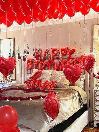 40 st röda födelsedagsdekorationsballonger, 16 tums bokstavsballonger med grattis, hjärtballonger och latexballonger, sammankopplade kärleksballonger, lämpliga för rött tema, födelsedagsfestdekoration, bröllop, alla hjärtans dag-dekoration, duschtema, fotobåsbakgrund, festdekoration