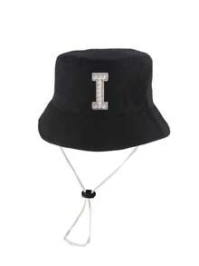 1顶珍珠A-Z字母遮阳帽，男女童通用，宽檐户外防晒帽，带下巴系带 - 黑色 - 查看 5