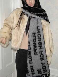 1pc Alphabet Jacquard Fringe Scarf New Autumn/Winter Collection Stylish, Versatile, Warm Retro Unisex Neckwarmer - Dark Grey - View 2