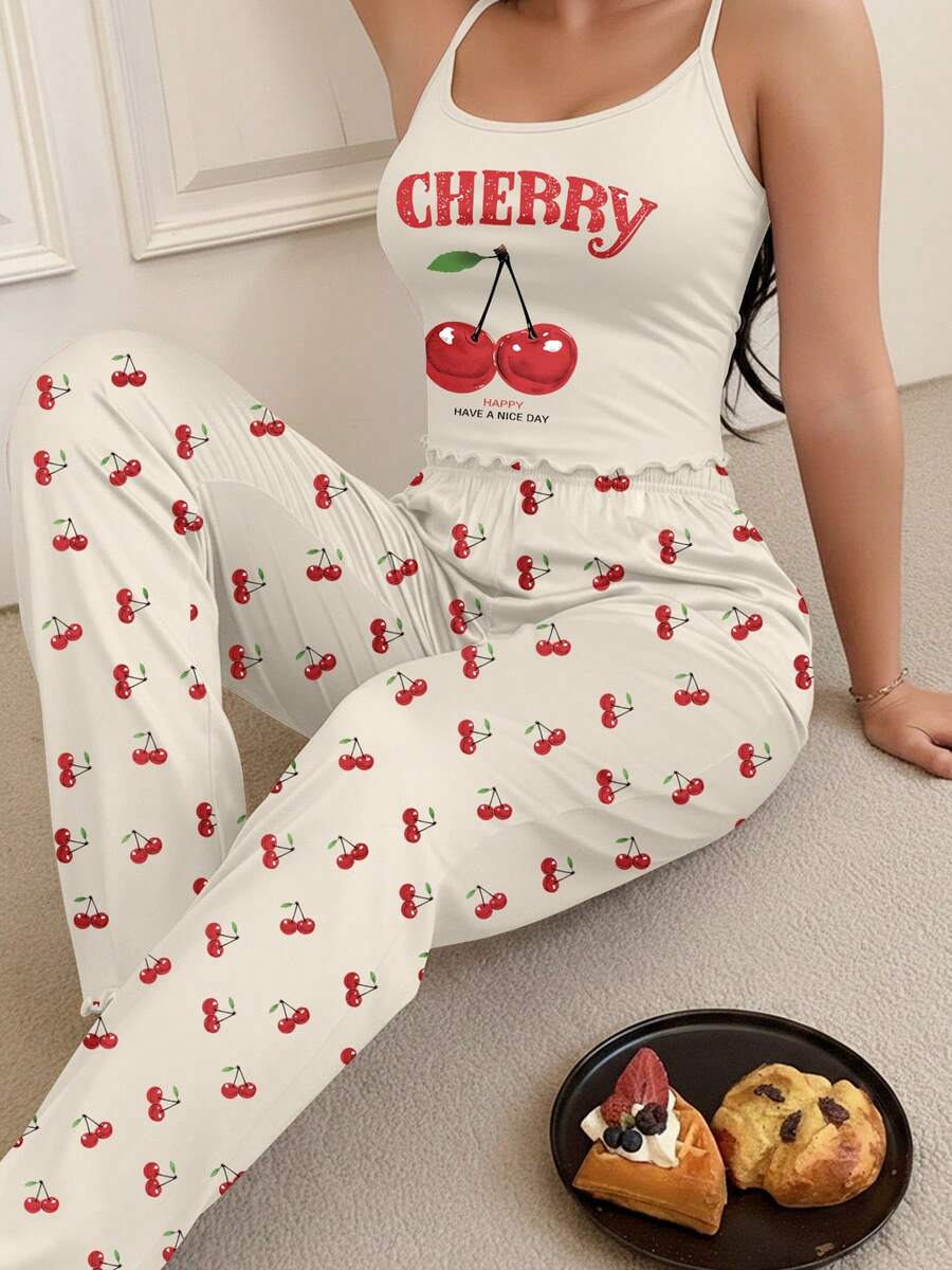 2pcs/Set Women Cartoon Print Camisole Top And Pants Pajama Set, Sleepwear - White - View 1