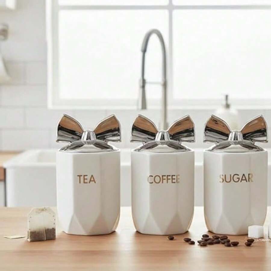 DEENZ Set Of 3 Jars Silver Bow Lid Kitchen Canister Jar For Tea Coffee Sugar Storage Pots Marble Effect Home Decor Dining Table Eye-Catching Glamorous Design (White) - White - View 1