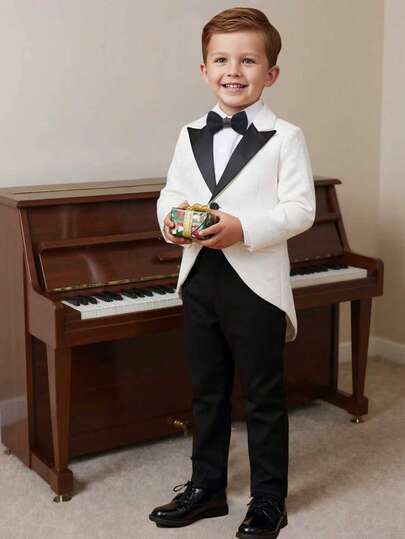 BOARNSEORL 2pcs Young Boys Gentleman Suit, Long Sleeve Tailcoat Jacket With Bowknot And Pants, Fashion Outfit Suitable For Birthday Party, Wedding, Pageboy Formal Attire