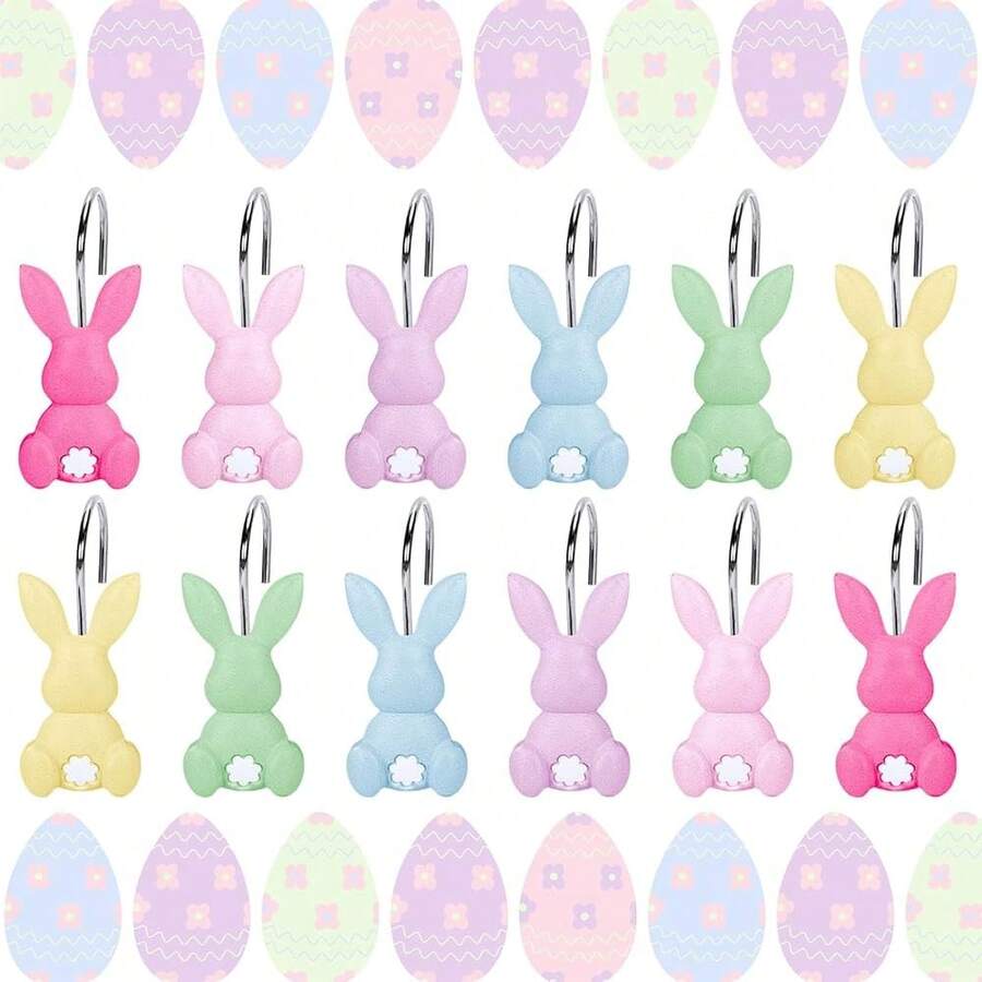 12Pcs Easter Rabbit Shower Curtain Hooks Bunny Curtain Rod Rings Spring Resin Curtain Hanger Hooks For Living Room Bedroom Bathroom Decor,EasterRabbit - Thỏ Phục Sinh - Xem 1