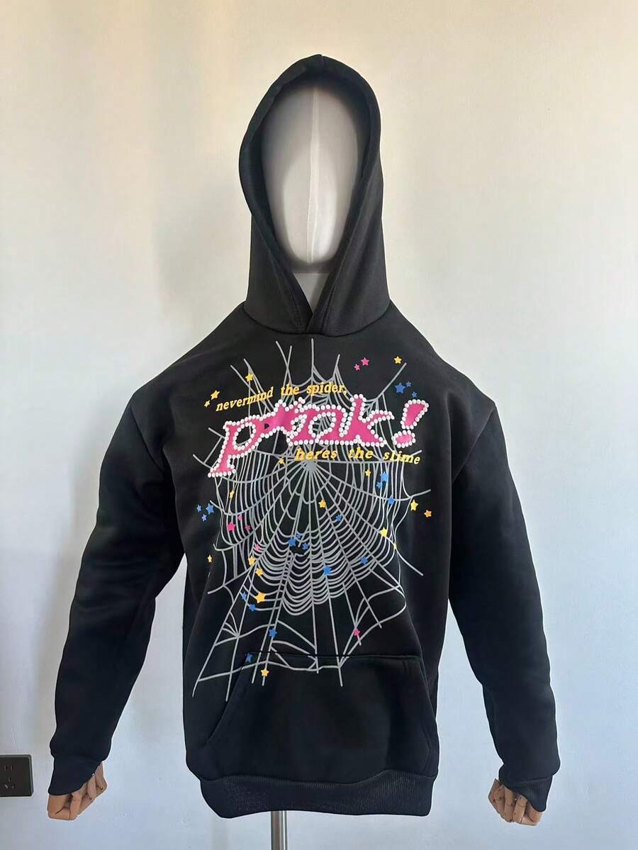 Y2k Hoodies Men's Hip Hop Spider Web Pattern,Graphic Alphabet Print Harajuku Vintage Hoodie,Long Sleeve Street Wear Top For Both Men And Women Oversized Pullover,Gothic Hooded Sweatshirt - 黑色 - 查看 1