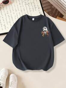 1 pieza Camiseta con estampado de eslogan y máscara, estilo casual para adolescentes, conjunto popular de primavera/verano para la escuela - Gris Oscuro - Ver 2