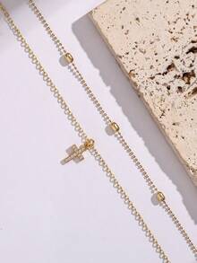 Nooxian 2件套 时尚优雅金色椭圆形串珠十字架吊坠脚链套装，适合海滩、派对、度假（椭圆形珠子数量随机） - 金黃色 - 查看 4