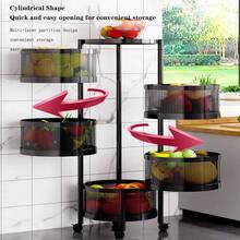 Hodeffior Kitchen Storage Cart With Wheels, 3-Tier Kitchen Shelf With Rotating Fruit Basket, Carbon Steel Multi-Layer Vegetable Rack, Rolling Storage Cart For Kitchen, Office, Bathroom - 黑三級 - 查看 3
