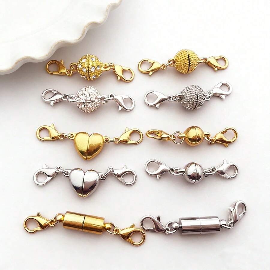 5pcs Magnetic Necklace Clasp & Closure Set, Gold & Silver Spring Clasp, Pearl Chain Extender, Various Shapes Incl. Rhinestone, Ball, Heart, Cylinder, Jewelry Magnetic Lock Converter - Multicolor - View 1