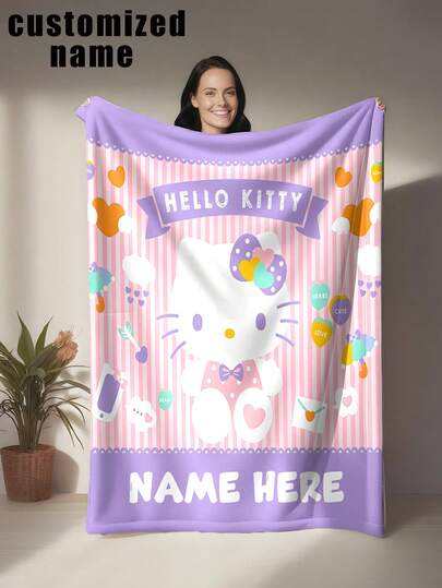 Sanrio 1pc Hello Kitty Themed Flannel Blanket, Customizable Name, Pink & White Striped Base With Purple Border & Decor, Cute & Fun Style - Suitable For All Seasons, Soft, Lightweight, Warm, Suitable For Sofa, Bed, Outdoor - Perfect Birthday And Holiday Gift For Family And Friends