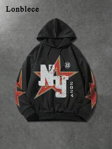 Lonblece Men's Hooded Sweatshirt, Black Retro Print, Suitable For Casual Wear In Autumn And Winter - Black - View 3