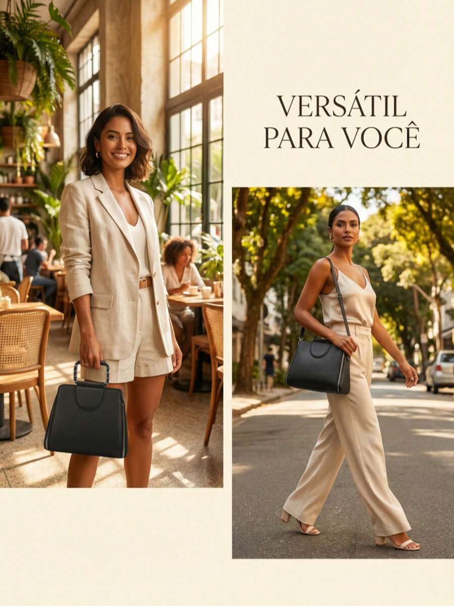 LaytonVivian L015 Classic Edition Women's Bag With Chain Strap And Minimalist Structured Design, Elegant And Sophisticated, In Premium PU Leather, With Zipper Opening, Adjustable Side Handle And Reinforced Hand Strap - Ideal For Work, Outings And Daily Events. - 黑色 - 查看 1