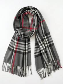 1件装女士时尚经典简约条纹格子撞色流苏装饰围巾，多功能保暖防风围巾/披肩，适合秋冬季户外、休闲、旅行 - 米色 - 查看 11