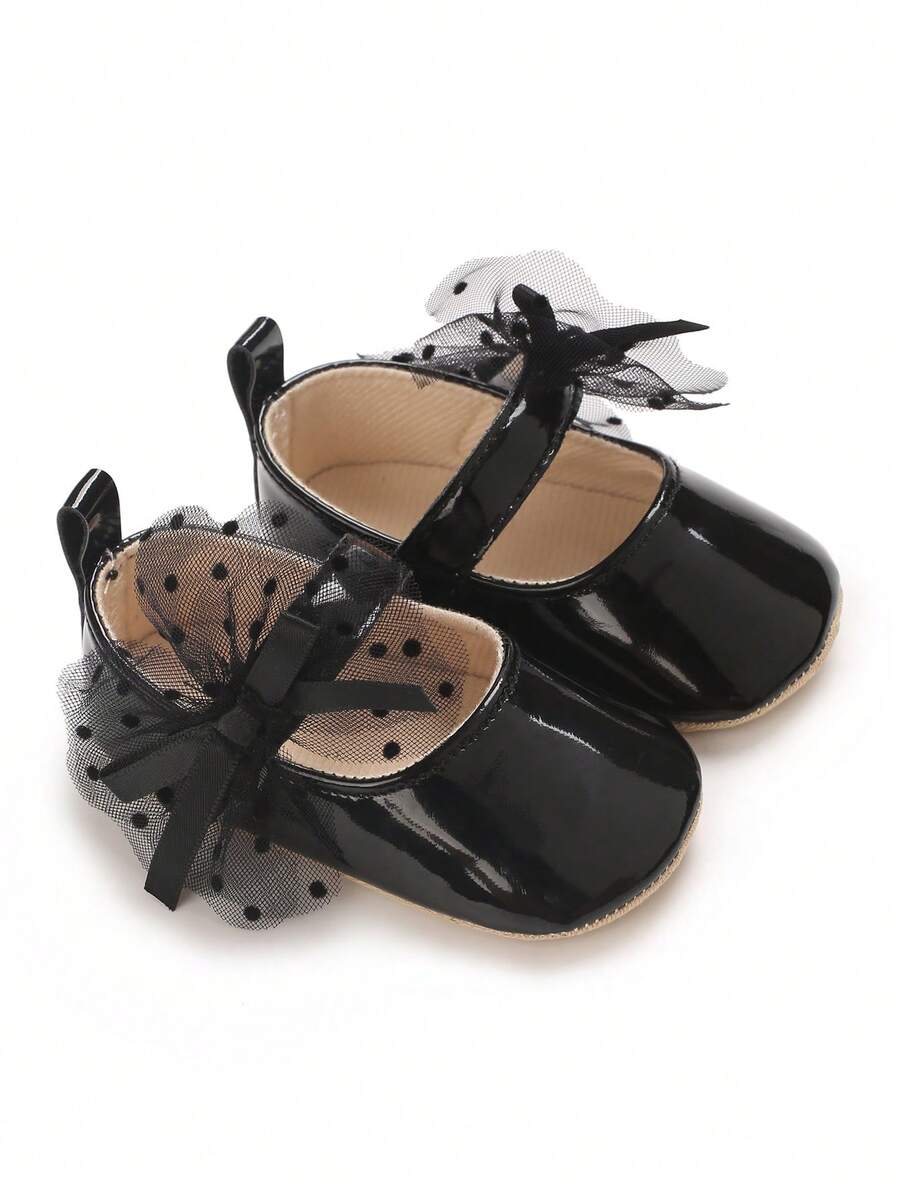 时尚百搭柔软PU皮革可爱蝴蝶结婴儿鞋，复古港式公主鞋，适合女婴 - 黑色 - 查看 1