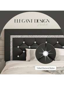 Twin/ Full/ Queen/ King Size Bed Frame, Upholstered Bed Frame With Diamond Headboard And Footboard, Pearl White/ Beige/ Black/ Grey/ Pink/ Purple/ Green - 黑色 - 查看 2