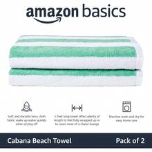 Basics - Toalla de playa y alberca a rayas 100 % algodón suave y absorbente de secado rápido grande paquete de 2 verde 76 x 152 cm - verde - Ver 2