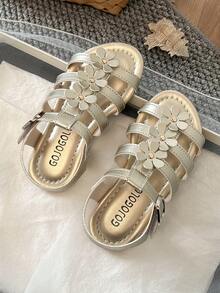 2026 New Design Girls' Summer Flip Flops - 3D Flower Studs, Glossy Anti-Slip, Open Toe With Multiple Straps, Flat Heel, Shiny And Sweet Style, Garden Party Shoes, Summer Outfit Shoes - Gold - View 5