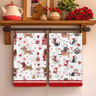 1/1/2 Set Of Valentine's Day Themed Towels, Designed With Red Hearts And Small Cats And Dogs, Woven From 100% Polyester Fiber, Measuring 40 * 60 Centimeters, Machine Washable Polyester Material, Heat-Resistant, Stain Resistant, Waterproof, Easy To Clean, Used For Table And Bowl Cleaning, Can Be Used As Gifts, Household Daily Necessities, Kitchen Supplies, Valentine's Day Interior Decoration.