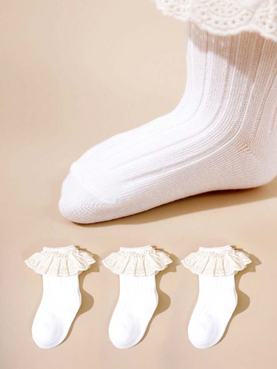 3双女童白色亚麻蕾丝边袜子，西班牙风格甜美淑女舞蹈袜，婴儿袜 - 白色 - 查看 1