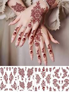 4 arkusze tatuażu z henny na rękę, brązowa henna, tymczasowe tatuaże, wodoodporne naklejki z mandalą, szablony z henny, tatuaż mehndi, czerwony, seksowne dekoracje ramadanowe na festiwal, wesele, walentynki - Brązowy - Zobacz 8