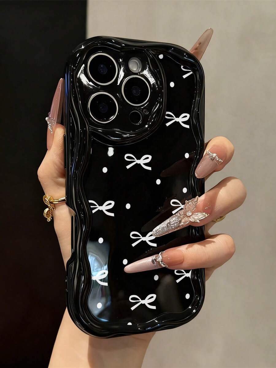 蝴蝶结彩绘平纹印花黑色米色图案彩绘软壳，适用于 17/17PROMAX/ 16/ 16 Pro/ 16 Pro Max/ 15/XR/7P/8P/P12 Pro Max/P13 Pro Max/P14 PRO Max/P13/P14/P11/P12/P14女款柔软防摔手机壳，尺码XS/S/XS MAX/78GES2，可爱时尚加厚手机壳保护套 - 彩色 - 查看 1