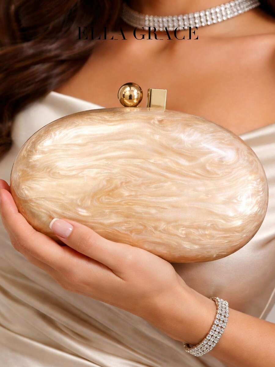 ELLA GRACE- Vintage Marble Acrylic Hard Shell Clutch For Women, Elegant Evening Party Bag With Metal Clasp, Wedding Guest Purse, Formal Banquet Box Bag, Gift For Her - Champagne - View 1