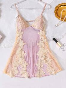 Áo ngủ hai dây sang trọng bằng nhung satin thêu, ren mềm mại, phối màu tương phản và điểm nhấn đính cườm. - Màu Lilac Tím - Xem 11