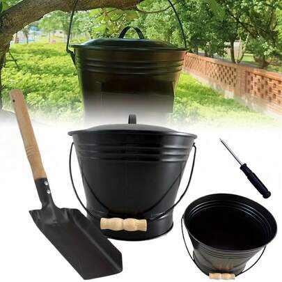 2-Piece Round Iron Fireplace Ash Bucket & Shovel Kit - Multi-Purpose Storage Bin For Ash And Firewood, Essential Home Fireplace Tool Set,Charcoal Bucket And Ash Can For Fireplace, Fire Pits, Hearth, Wood Burning Stoves, Indoor And Outdoor